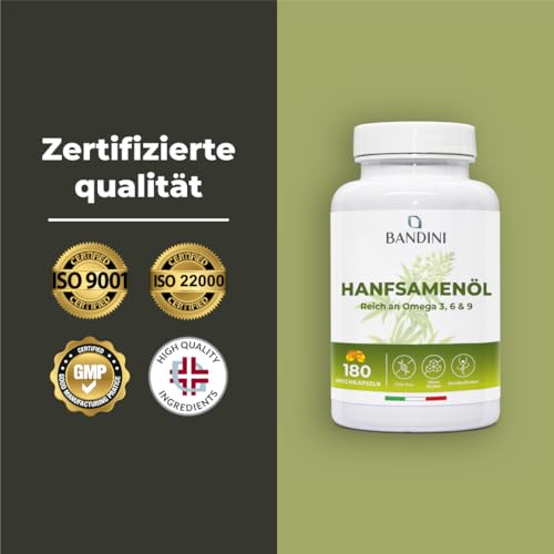 Bandini® Hanföl 1000mg pro Weichkapsel | 180 Softgel-Kapseln | Kaltgepresst Hanfsamenöl für 6-Monats-Vorrat | Reich an Omega 3, 6 und 9 | ALA, Linol- und Ölsäure | 1 Softgel pro Tag | Hemp Seed Oil
