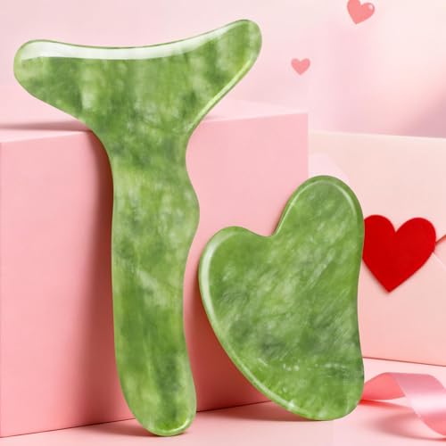 Image of Jade Stone Gua Sha Massage Tool Set Larger Guasha Board with Handle Muscle Scraping Massage Tools Facial Anti Cellulite Spa Acupuncture Tools for Back Neck Face Leg Massage, Lymphatic Drainage
