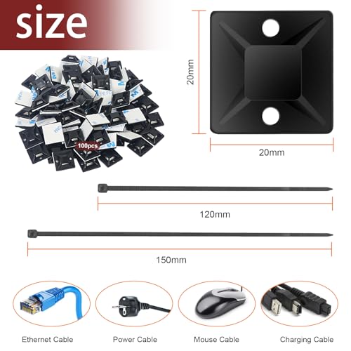 200 Stück Kabelbinder Set 120mm/150mm und 100 Stück Klebesockel für Kabelbinder Schwarz, Kabelbefestigung Selbstklebend Kabelhalter Nylon Klebepads Kabelclips Klebe Halter für Heim Büro (Schwarz)