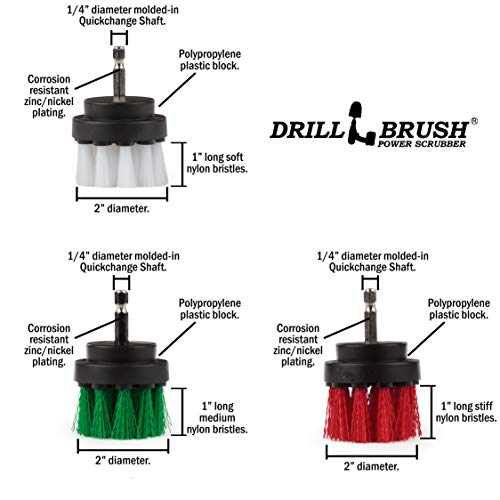 Image of Drill Brush Power Scrubber by Useful Products - 2-Inch Round Cleaning Brushes, Set of 3, Green, Red, White
