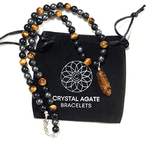 Crystal Agate Bracelets Hematite Tiger’s Eye Obsidian Triple Protection Necklace – Grounding Shield for Stress Relief & Energy Balance, Handcrafted Gemstone Pendant2
