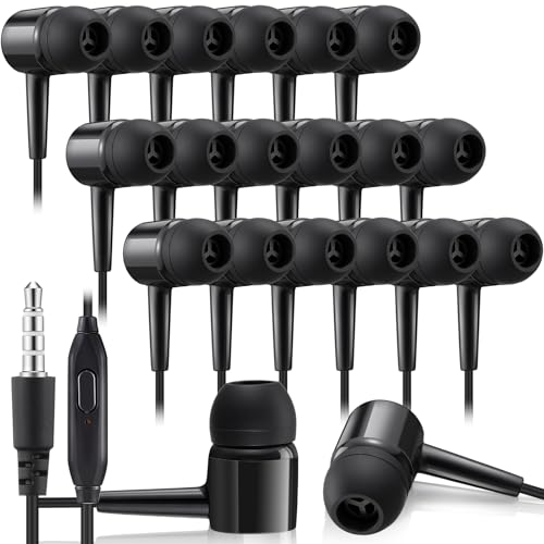 Xinnun 50 Pack Bulk Earbud Headphones with Mic Student in Ear Earbuds Classroom Wired Ear Buds with 3.5mm Headphone Plug for Adults School Library Museum Travel Plane Tablet(Classic,Black)