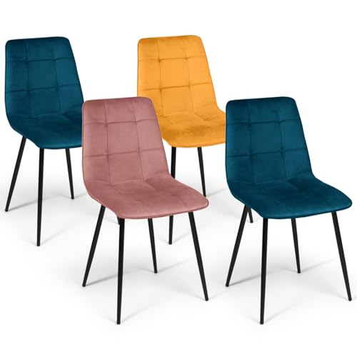 IDMarket - Lot de 4 chaises Mila en Velours Mix Color Bleu x2, Jaune Ocre, Rose