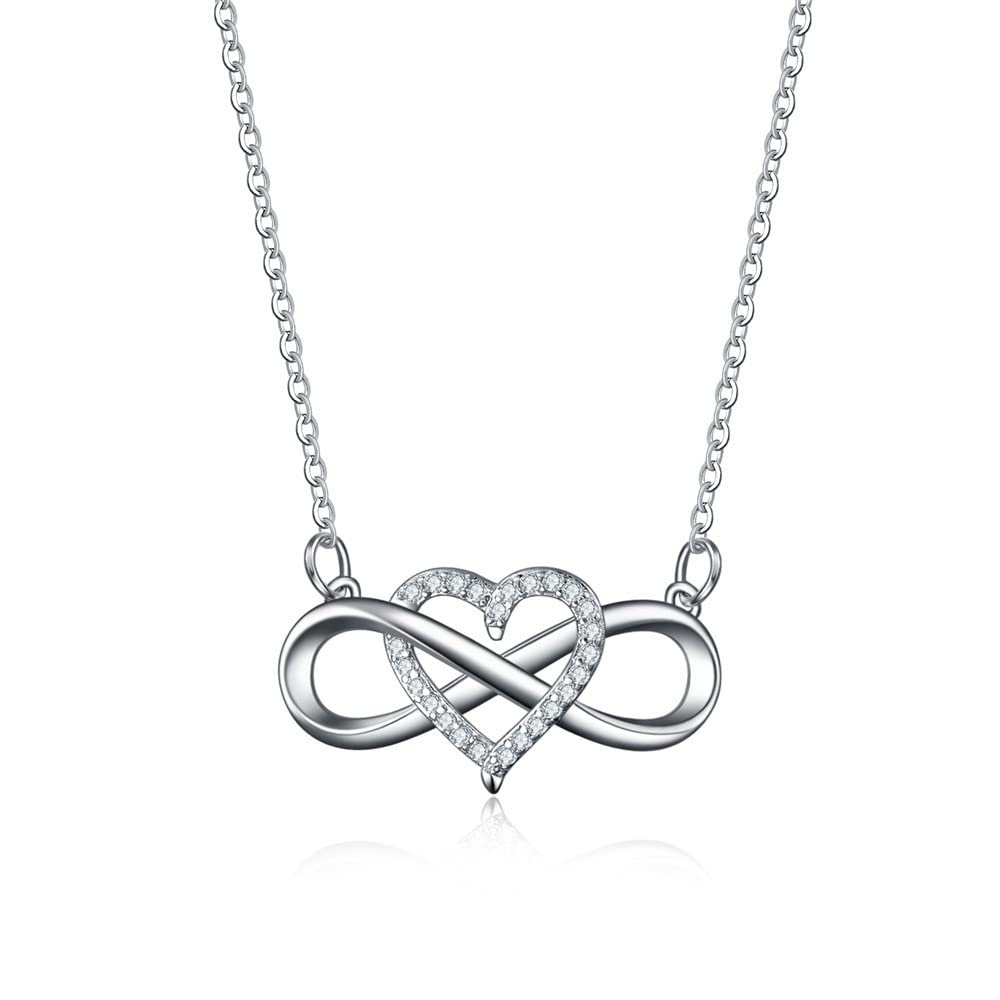 REQAG Serie Infinito - Collar Corazon de Plata de Ley Cadena Extensible Colgante de Infinito con Circonita Idea Regalo para Mujeres y Chicas,Collar Infinito para Mujer Plata de ley 925,ajustable