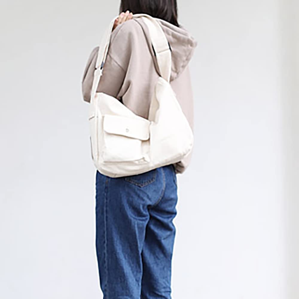 Bolso bandolera de lona para mujer de gran capacidad con bolsillo exterior, bolsos de hombro para mujeres y niñas, bolsos casuales sólidos, Blanco