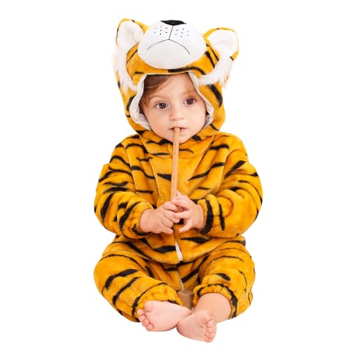 ailker Disfraz de Tigre Carnaval para Niños: Mono Tigre Unisex con Capucha - Traje de Tigre para Bebés Halloween y Fiestas Temáticas (Tigre, 100(18-24 meses))
