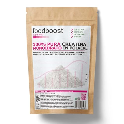 Creatina Monoidrato pura in polvere 1kg foodboost - pure - con dosatore - per performance atletica, massa muscolare, marchio di fiducia italiano, pre workout - 500 DOSI