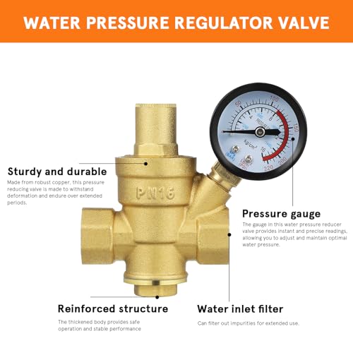 PartyKindom Water Pressure Regulator: DN15 Brass Adjustable 1/2\" Water Pressure Reducing Valve with Gauge for Home Camper RV Garden Hose, 0-16Bar/0-220 Psi