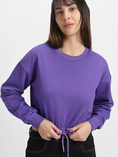 Image of JUNEBERRY Cotton Poly Fleece Regular Fit Pink, Purple Green & Orange Solid Full Sleeve Sweatshirt for Women