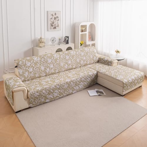 Image of HOKIPO 'Elira Series' Printed Quilted One-Piece L Shape 4 Seater (2+2) Sofa Cover with Right Chaise | Anti-Slip Design, Buff Brown Sillehoute Floral (AR-6228-C7)