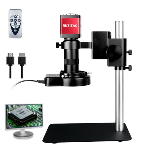 RUZIZAO Digital Microscope with Metal Base, 13MP 1080P HDMI VGA Industrial Microscope Magnifier, 130X Zoom C-Mount Lens, LED Ring Light, Bench Microscopes for Observation/Soldering/Electronic Repairs