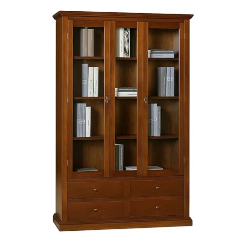 Mar.c.a. Design - Vetrinetta Arte Povera in Legno 120x40x185 cm - 3 Ante Vetro 4 Cassetti con Base Piatta Made in Italy