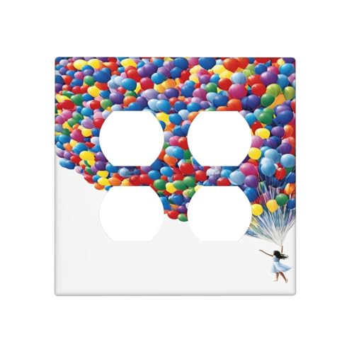 Decorative Outlet Covers Girl Holding Colorful Balloons 2 Gang Wall Plate Cover Double Duplex Receptacle Two Switch Light Switch Cover Plate Jumbo Dual Faceplate for Bedroom Decor