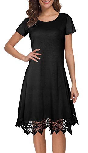 Afibi Womens Short Sleeve A Line Lace Stitching Trim Casual Dress (XX-Large, Black)