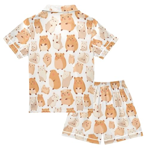 ALAZA Cartoon Happy Capybara Pajamas Satin Pajama Set Short Sleeve Button Down Sleepwear2