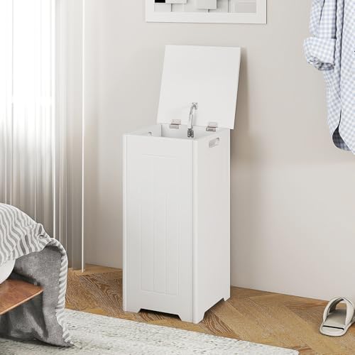 HOMASIS Cubo para la colada de 35 l/28 l, cesto para la colada con tapa de madera, cesta para la ropa sucia, ahorra espacio para la colada, 30 x 30 x 61 cm, blanco (modelo 2, con bolsillo) - imagen 8