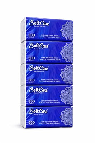 Softcare Premium Ultra-Soft Nylon Facial Tissue 500 Sheets X 1 ply Pack of 5