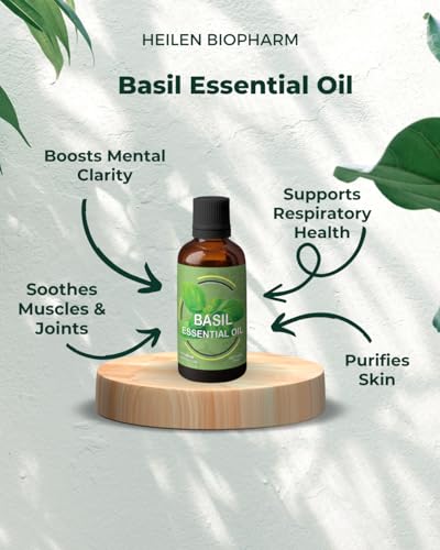 Image of Heilen Biopharm Food Grade Edible Tulsi (Holy Basil) Essential Oil - 50 mL Bottle Pack of 1, For Hair, Skin, Body Massage & Aromatherapy