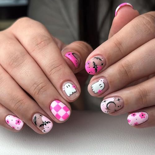 Halloween Press on Nails Short Square Fake Nails with Flower Ghos...