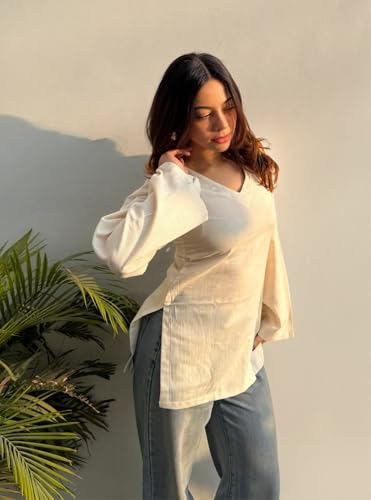 Image of ANNI Designer Short Kurti for Women Solid Design | V Neck Full Sleeve Kurti Tops for Women | Stylish Kurtis & Short Kurtis for Woman | Casual Kurti with Jeans | Kurtas for Woman