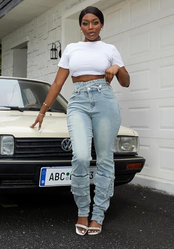 Women Sexy Skinny Stacked Jeans Butt Lifting Crossover High Waisted Stretch Cargo Jeans Y2k3