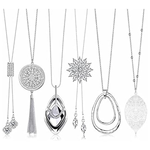 Jstyle 6Pcs Long Pendant Necklaces for Women Long Sweater Necklaces Silver Flower Tassel Disk Circle Leaf Statement Sweater Chain Necklace for Women Y Necklace Set Fashion Jewelry C Cover