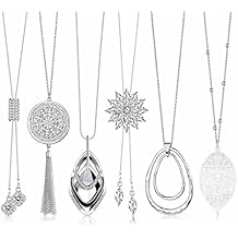 Jstyle 6Pcs Long Pendant Necklaces for Women Long Sweater Necklaces Silver Flower Tassel Disk Circle Leaf Statement Sweater Chain Necklace for Women Y Necklace Set Fashion Jewelry