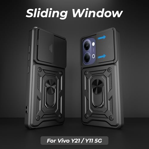 Image of A rtistque Armor Bumper Back Cover Case for Vivo Y21 / Vivo Y11 5G | Ring Holder Stand | Sliding Camera Protection | Shockproof Heavy Duty Design | Vivo Y21 Back Cover - Black