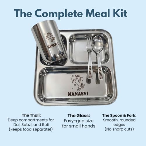 Image of Stainless Steel Namoh Customizations Customized Solid Thali Set for Kids with Name: Personalized Thali Set with Name, Silver