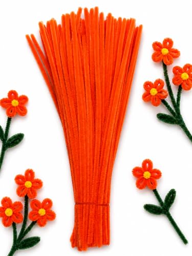 Image of 100Pcs Pipe Cleaners Craft Set | Chenille Stem Fuzzy Sticks DIY Craft Supplies for Art Projects Activities, Decorations, Flower Making, Modeling & Sculpting (Neon Orange)
