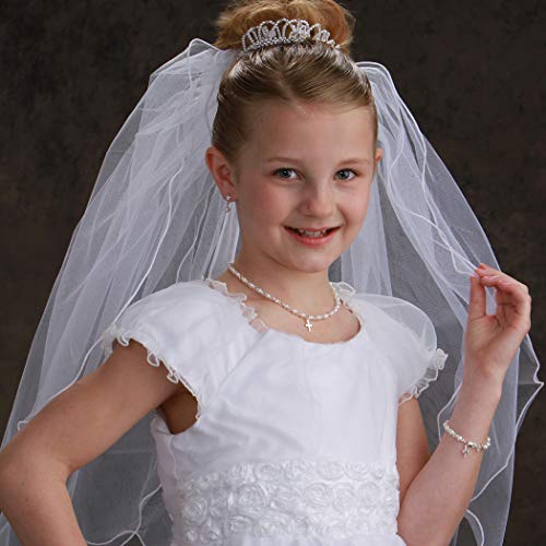 Precious Pieces Children's First Communion Sterling Silver Cross Bracelet With Cultured Pearl And High End Crystal (Lg) #TOP2