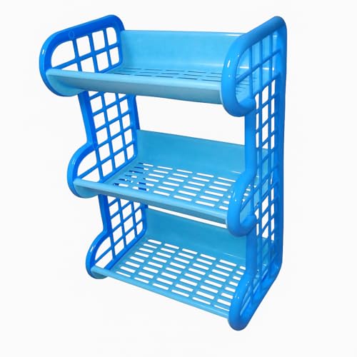 Image of Multipurpose 3-Layer Plastic Storage Compact Kitchen Organizer Combines Dish Rack Washing Basket Space-Saving Design Ideal for Kitchens Home Bathroom (Blue)