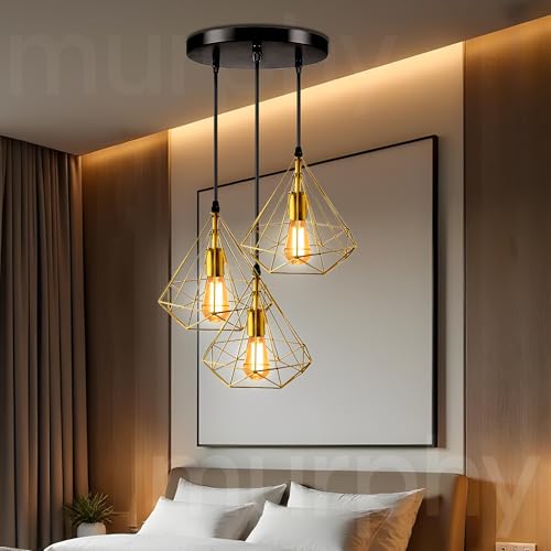 Image of Murphy Hanging Light 3-Diamond Cluster Pendant Light, Modern Chandelier for Living Room, Diwali Decoration - Golden, Pack of 3 (Bulb Included)