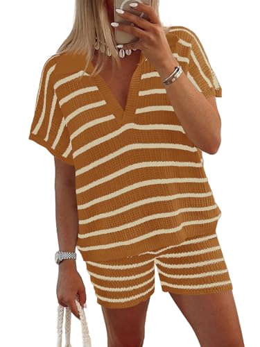 Image of Tankaneo Womens 2 Piece Outfits Striped Knit Summer Sets V Neck Short Sleeve Tops and Shorts Lounge Matching Set