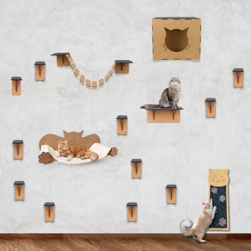 BOXFAN Playground de Gatos Kit 18 peças Rede Arranhador Parede Nicho Brinquedo Gato Degraus Pratelei