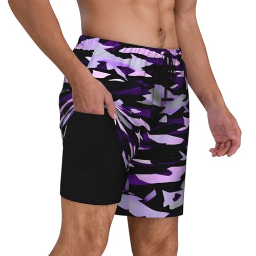 Men's American Camouflage Purple Print Quick-Dry Mesh Swim Trunks Stretch Lining Beach Shorts Surfing Summer Vacations