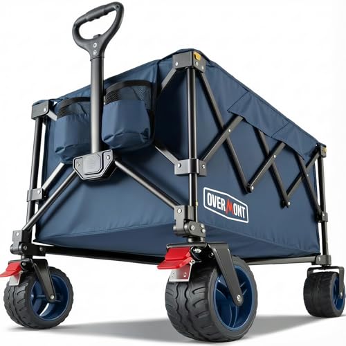 Overmont 200L Folding Festival Trolley on Wheels – 150kg heavy duty Portable Camping Cart, beach wagon with Adjustable Handle & Wide Wheels for Garden, Picnic, Outdoor, Fishing, Shopping –Blue