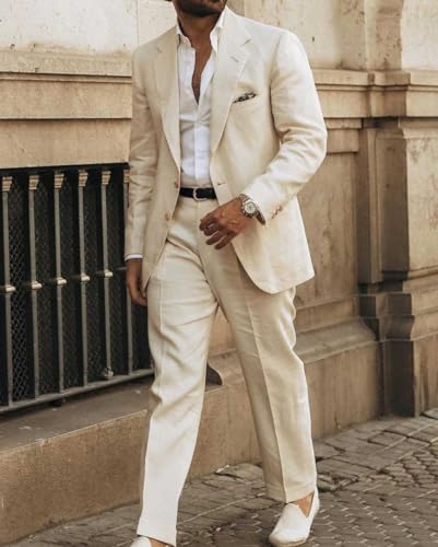 Men's 2-Piece Linen Suit, Notched Lapel, Single Breasted, Beige, Summer Wedding Formal Wear2