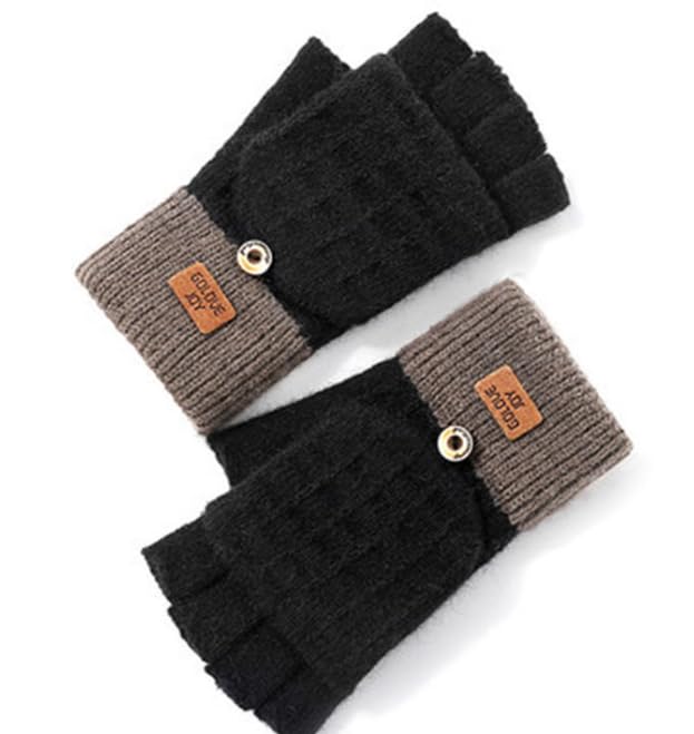 Cerioll Guantes de punto, con solapa, guantes cálidos de invierno, guantes de punto cálidos con tapa abatible, guantes de dedo con tapa abatible, para hombre y mujer, esquí, ciclismo, color negro