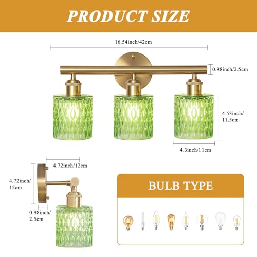 Image of Bathroom Vanity Light, Gold Wall Fixture Over Mirror, Green Glass Shade Lighting with Bulbs Included for Bedroom & Living Room,3-Lights