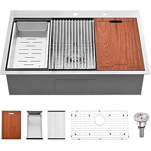 33 Inch Drop In Kitchen Sink Worktation-Bokaiya 33x22 Drop In Kitchen Sink Stainless Steel Workstation Sink 16 Gauge Deep Single Bowl Kitchen Sink with Cutting Board Cover