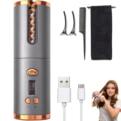 Rizador de Pelo Automático Inalámbrico, Ondulador de Pelo Portátil con 6Temperaturas y Temporizador, Tenacillas para Rizar el Pelo de Cerámica Turmalina, Rizadora Antiquemaduras para Todo Tipo de Pelo