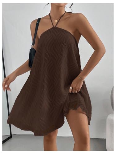 Image of MakeMeChic Women's Halter Dress Summer White Beach Mini Backless Flowy Short Dress