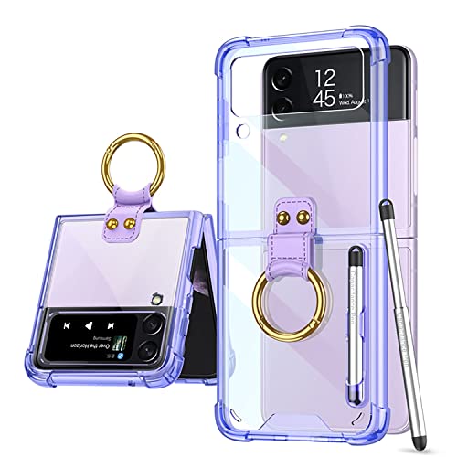 Image of Midkart Anti-Shatter Ring Holder Cover with Retractable Pen and Pen Holder Compatible with Samsung Galaxy Z Flip 3 Soft Sides with Anti-Yellowing PC Airbag Corners Case, Transparent & Semi-Purple