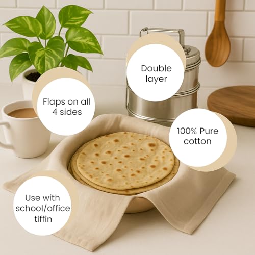 Image of Double Layer Roti Wrap /Chapati Cover - 1 PC Premium Cotton Cloth for Roti, Paratha, Phulka, Hot Case | Kitchen Chapati Cloth with Flaps | Soft & Durable Cotton Seed Fabric