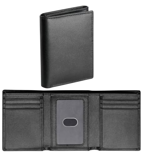 BSMUWOT Genuine Leather Trifold Wallet for Men, Rfid Blocking Tri fold Mens Wallets with ID Window (Black)