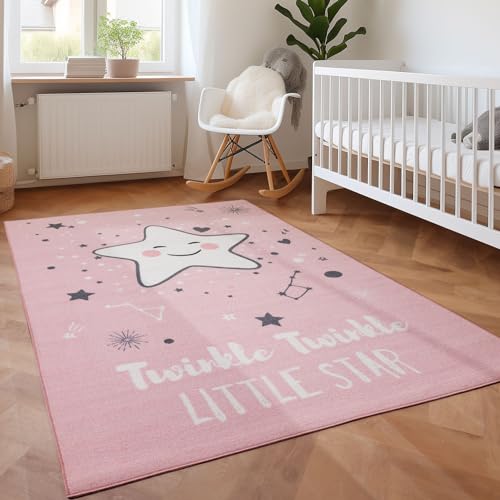 SIMPEX KinderTeppich, Sterne-Design, Teppich Rosa, 140 x 200 cm, Teppich für Kinder, Teppich...