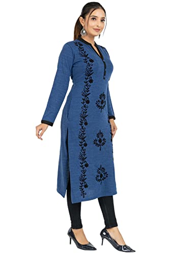 Image of Rosary Women's Winter Wear Embroidered Warm Woolen Straight Full Sleeve Kurti with Pockets Airforce Blue