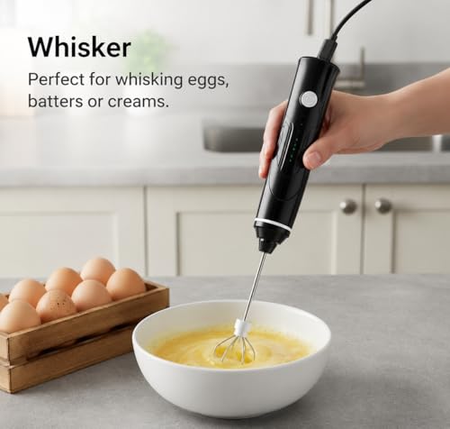Image of USB Rechargeable Milk Frother with 2 Stainless Steel Heads, Electric Coffee Beater & Egg Whisk for Latte, Cappuccino, Hot Chocolate and Foam Making, Portable Hand Mixer