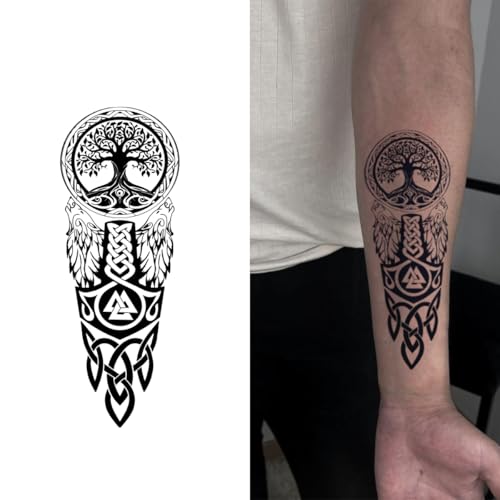 Semi Permanent Tattoos, 2 Sheets Temporary Tattoo Kit with Realistic Body Stickers, Long Lasting 1-2 Weeks, Fake Tattoo for Women Men Adult, Waterproof & Non-Reflective, Spirit of Yggdrasil
